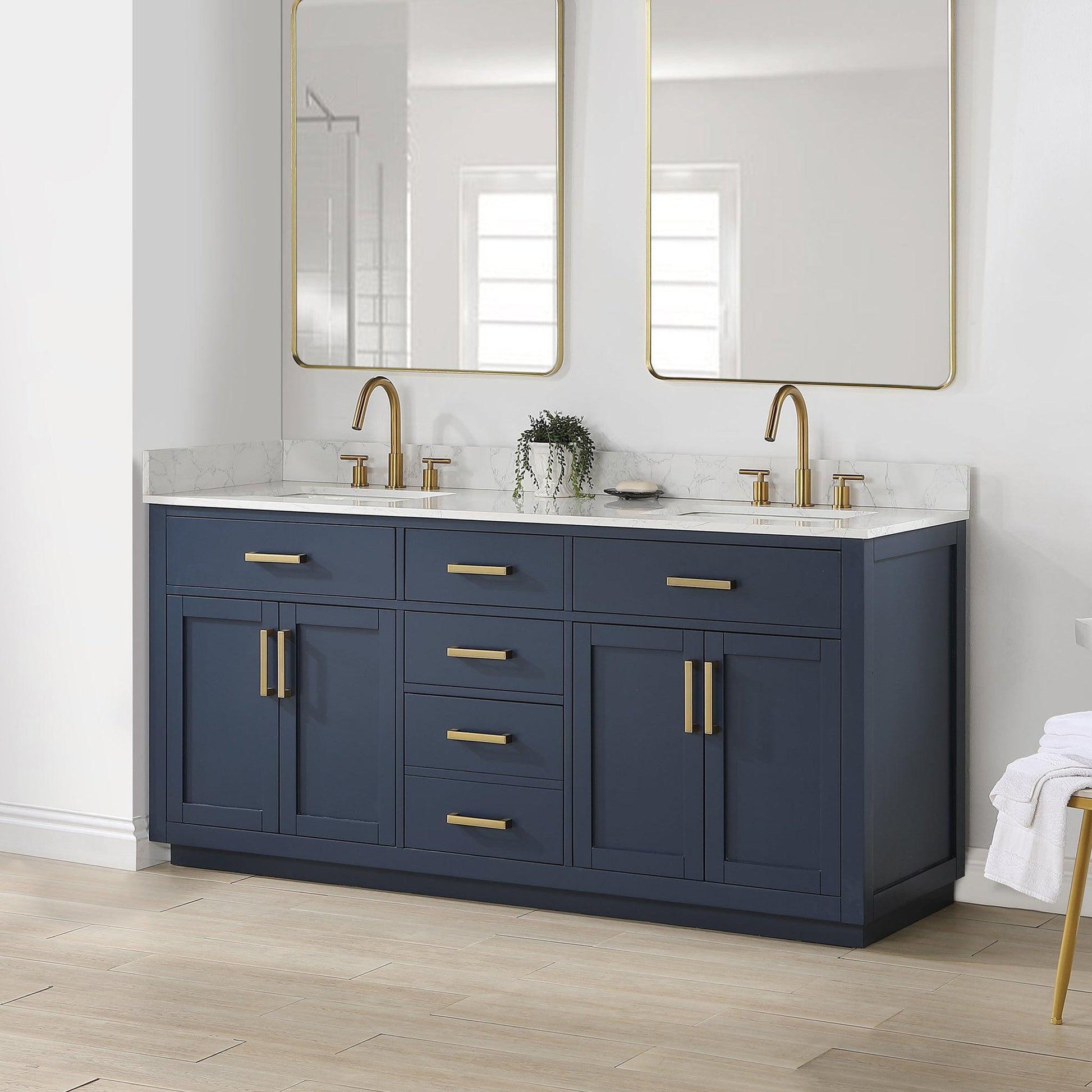 Altair Gavino 72" Royal Blue Freestanding Double Bathroom Vanity Set With Grain White Composite Stone Top, Single Rectangular Undermount Ceramic Sink, Overflow, Sidesplash, and Backsplash