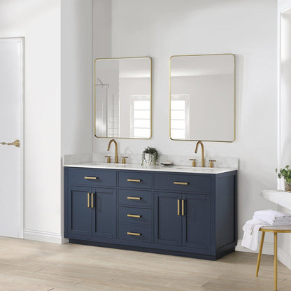 Altair Gavino 72" Royal Blue Freestanding Double Bathroom Vanity Set With Grain White Composite Stone Top, Single Rectangular Undermount Ceramic Sink, Overflow, Sidesplash, and Backsplash