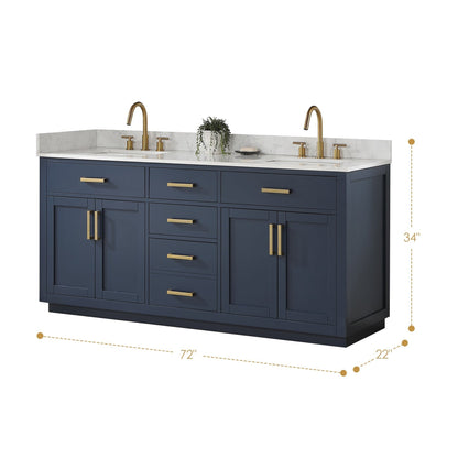 Altair Gavino 72" Royal Blue Freestanding Double Bathroom Vanity Set With Grain White Composite Stone Top, Single Rectangular Undermount Ceramic Sink, Overflow, Sidesplash, and Backsplash