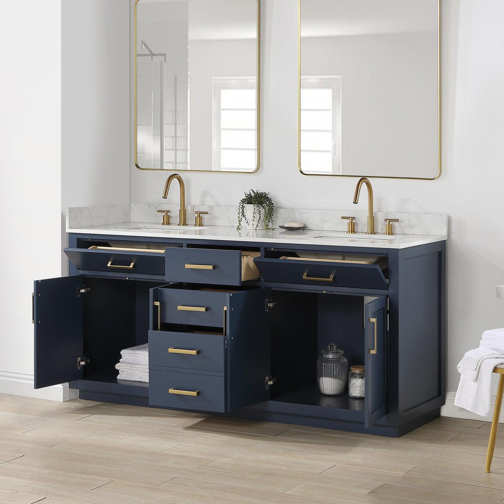 Altair Gavino 72" Royal Blue Freestanding Double Bathroom Vanity Set With Grain White Composite Stone Top, Single Rectangular Undermount Ceramic Sink, Overflow, Sidesplash, and Backsplash