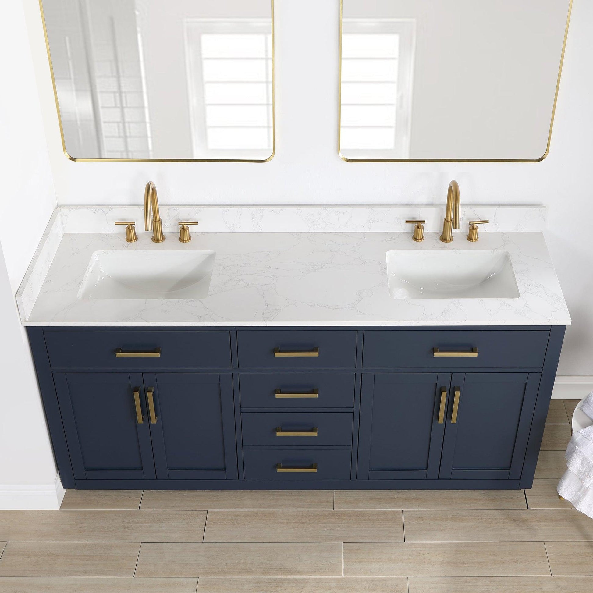 Altair Gavino 72" Royal Blue Freestanding Double Bathroom Vanity Set With Mirror, Grain White Composite Stone Top, Single Rectangular Undermount Ceramic Sink, Overflow, Sidesplash, and Backsplash