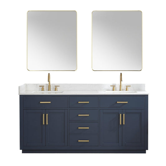 Altair Gavino 72" Royal Blue Freestanding Double Bathroom Vanity Set With Mirror, Grain White Composite Stone Top, Single Rectangular Undermount Ceramic Sink, Overflow, Sidesplash, and Backsplash