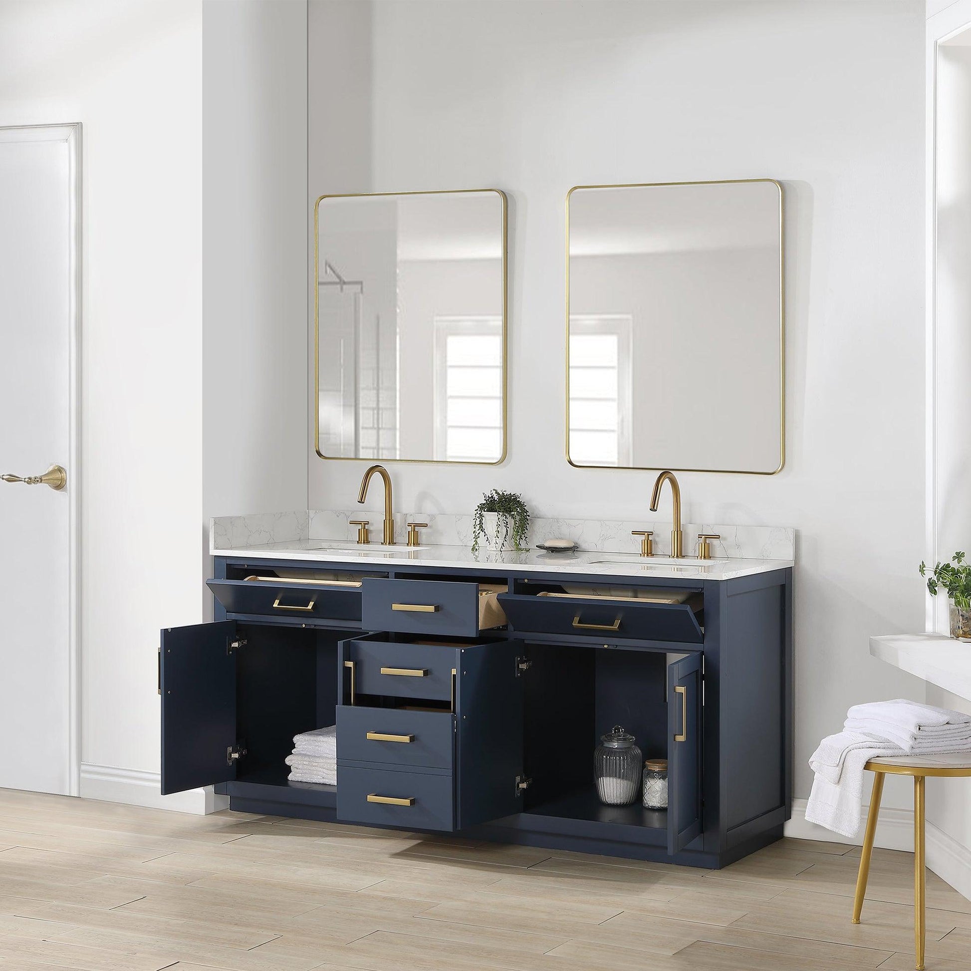 Altair Gavino 72" Royal Blue Freestanding Double Bathroom Vanity Set With Mirror, Grain White Composite Stone Top, Single Rectangular Undermount Ceramic Sink, Overflow, Sidesplash, and Backsplash