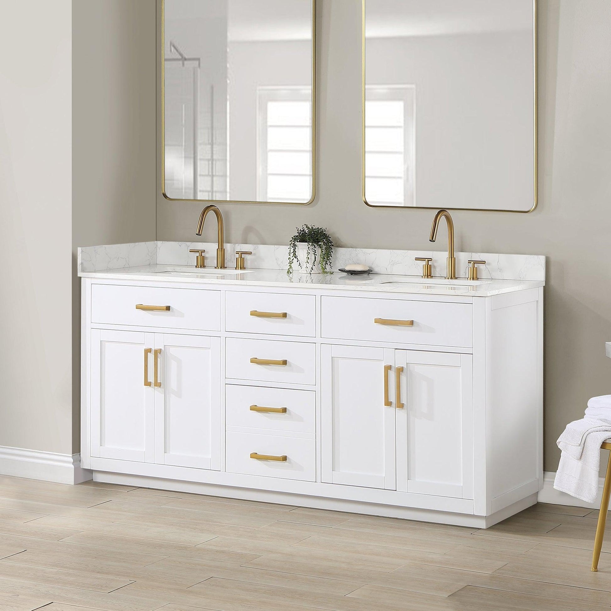 Altair Gavino 72" White Freestanding Double Bathroom Vanity Set With Grain White Composite Stone Top, Single Rectangular Undermount Ceramic Sink, Overflow, Sidesplash, and Backsplash