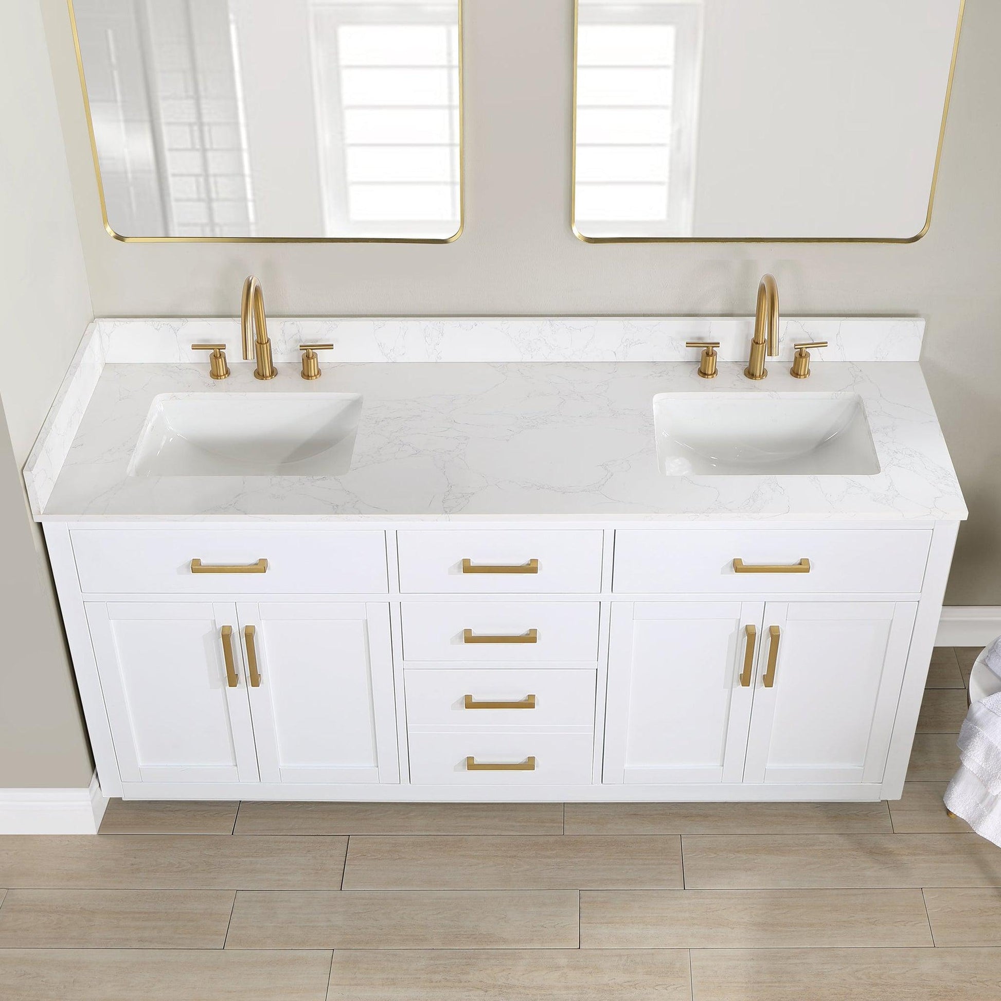 Altair Gavino 72" White Freestanding Double Bathroom Vanity Set With Grain White Composite Stone Top, Single Rectangular Undermount Ceramic Sink, Overflow, Sidesplash, and Backsplash