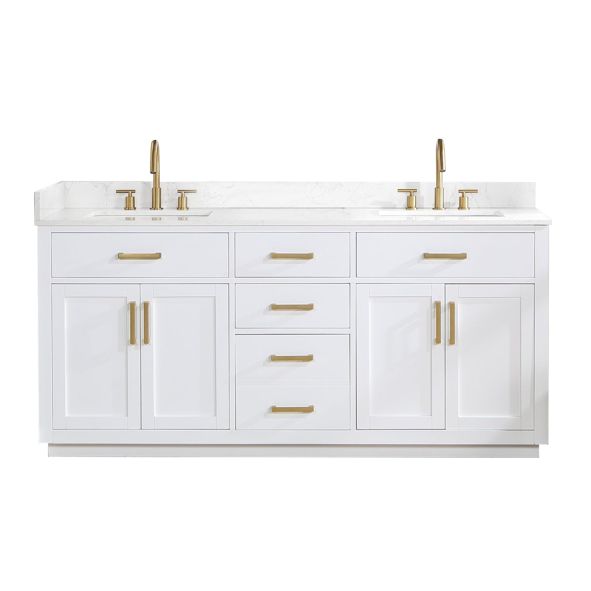 Altair Gavino 72" White Freestanding Double Bathroom Vanity Set With Grain White Composite Stone Top, Single Rectangular Undermount Ceramic Sink, Overflow, Sidesplash, and Backsplash