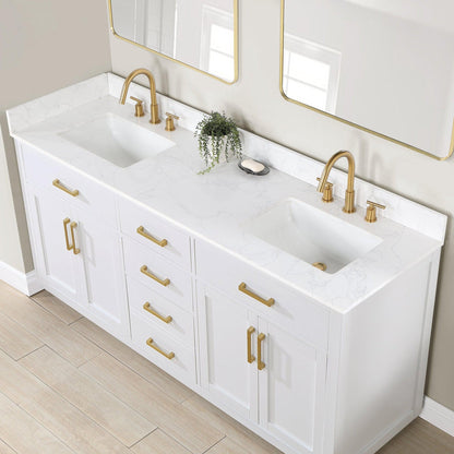 Altair Gavino 72" White Freestanding Double Bathroom Vanity Set With Mirror, Grain White Composite Stone Top, Single Rectangular Undermount Ceramic Sink, Overflow, Sidesplash, and Backsplash