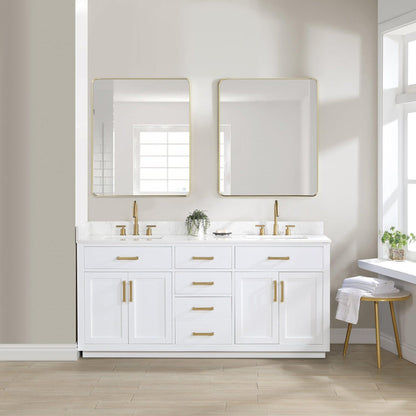 Altair Gavino 72" White Freestanding Double Bathroom Vanity Set With Mirror, Grain White Composite Stone Top, Single Rectangular Undermount Ceramic Sink, Overflow, Sidesplash, and Backsplash