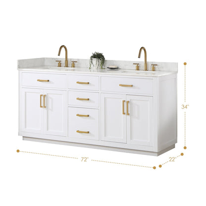 Altair Gavino 72" White Freestanding Double Bathroom Vanity Set With Mirror, Grain White Composite Stone Top, Single Rectangular Undermount Ceramic Sink, Overflow, Sidesplash, and Backsplash