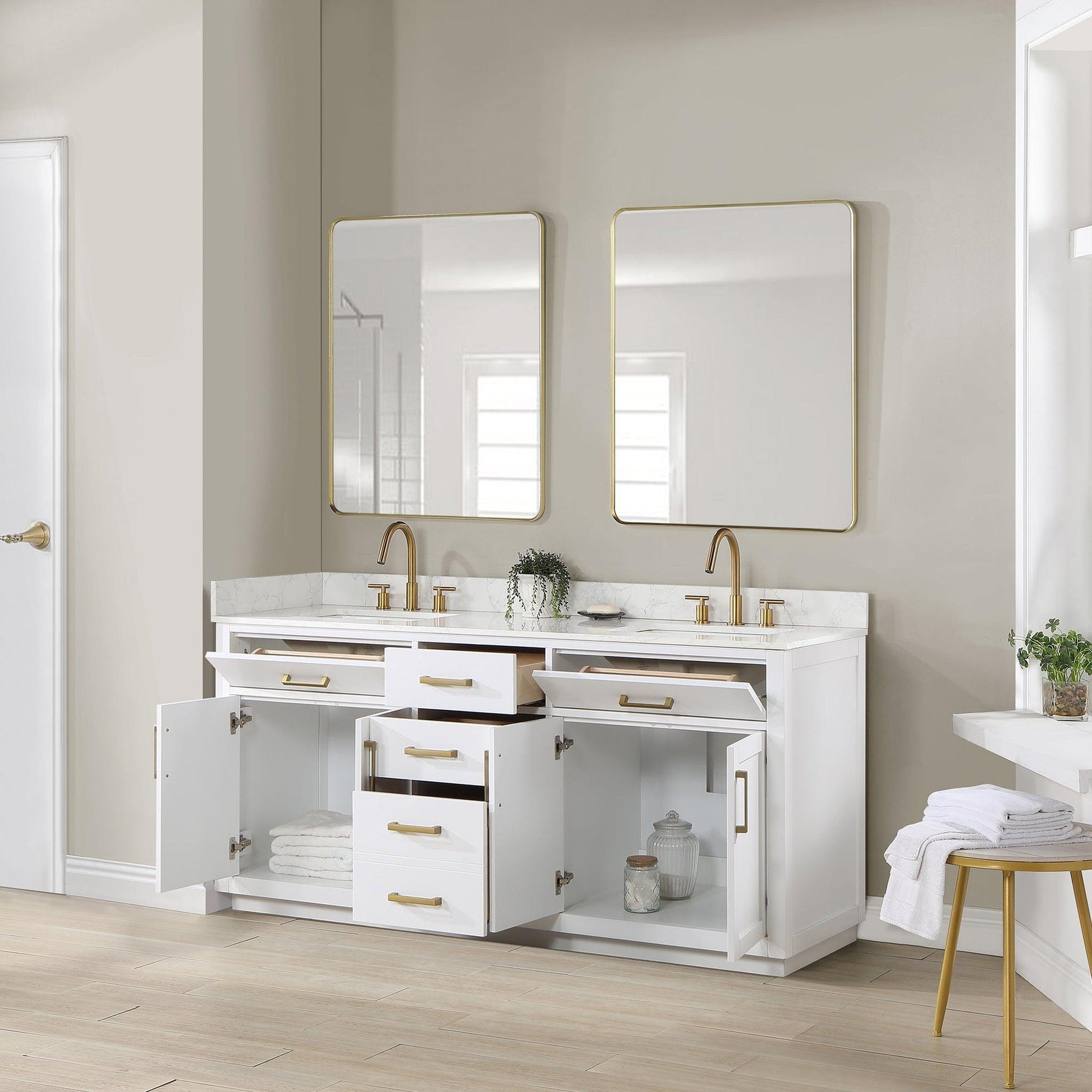 Altair Gavino 72" White Freestanding Double Bathroom Vanity Set With Mirror, Grain White Composite Stone Top, Single Rectangular Undermount Ceramic Sink, Overflow, Sidesplash, and Backsplash