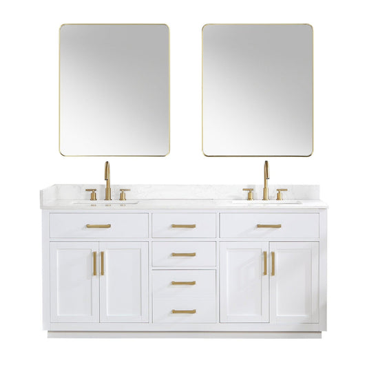 Altair Gavino 72" White Freestanding Double Bathroom Vanity Set With Mirror, Grain White Composite Stone Top, Single Rectangular Undermount Ceramic Sink, Overflow, Sidesplash, and Backsplash
