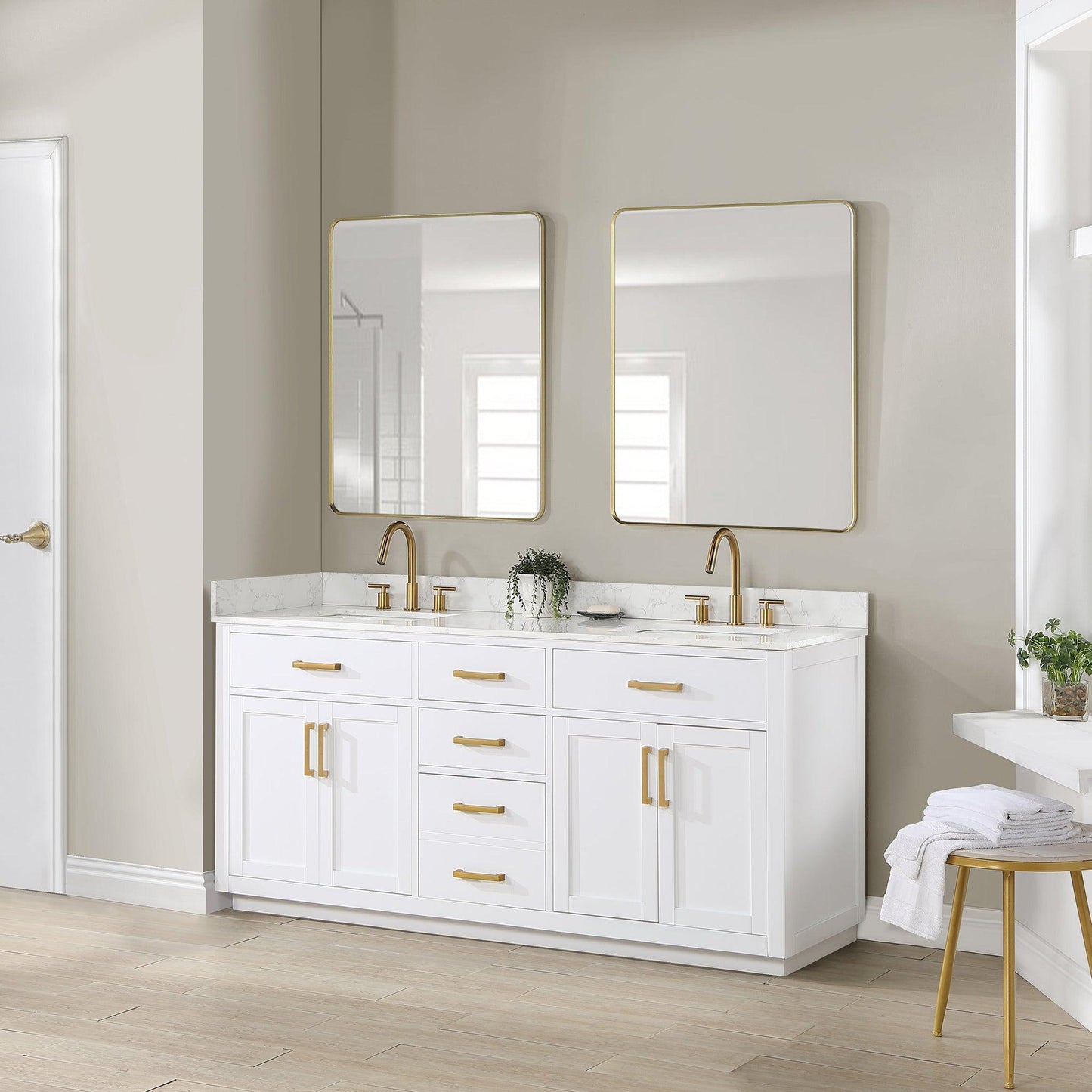 Altair Gavino 72" White Freestanding Double Bathroom Vanity Set With Mirror, Grain White Composite Stone Top, Single Rectangular Undermount Ceramic Sink, Overflow, Sidesplash, and Backsplash