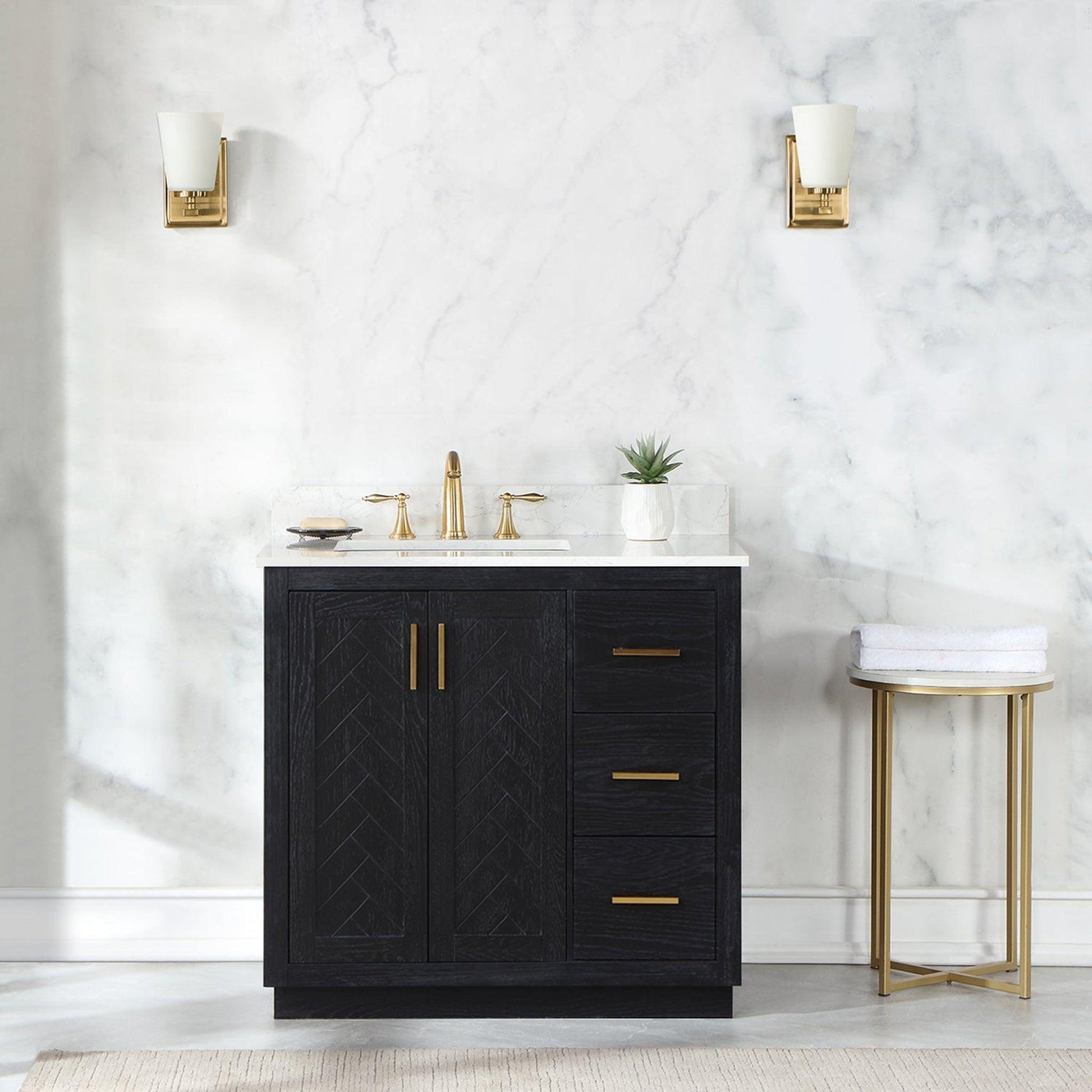 Altair Gazsi 36" Black Oak Freestanding Single Bathroom Vanity Set With Elegant Composite Grain White Stone Top, Rectangular Undermount Ceramic Sink, Overflow, and Backsplash