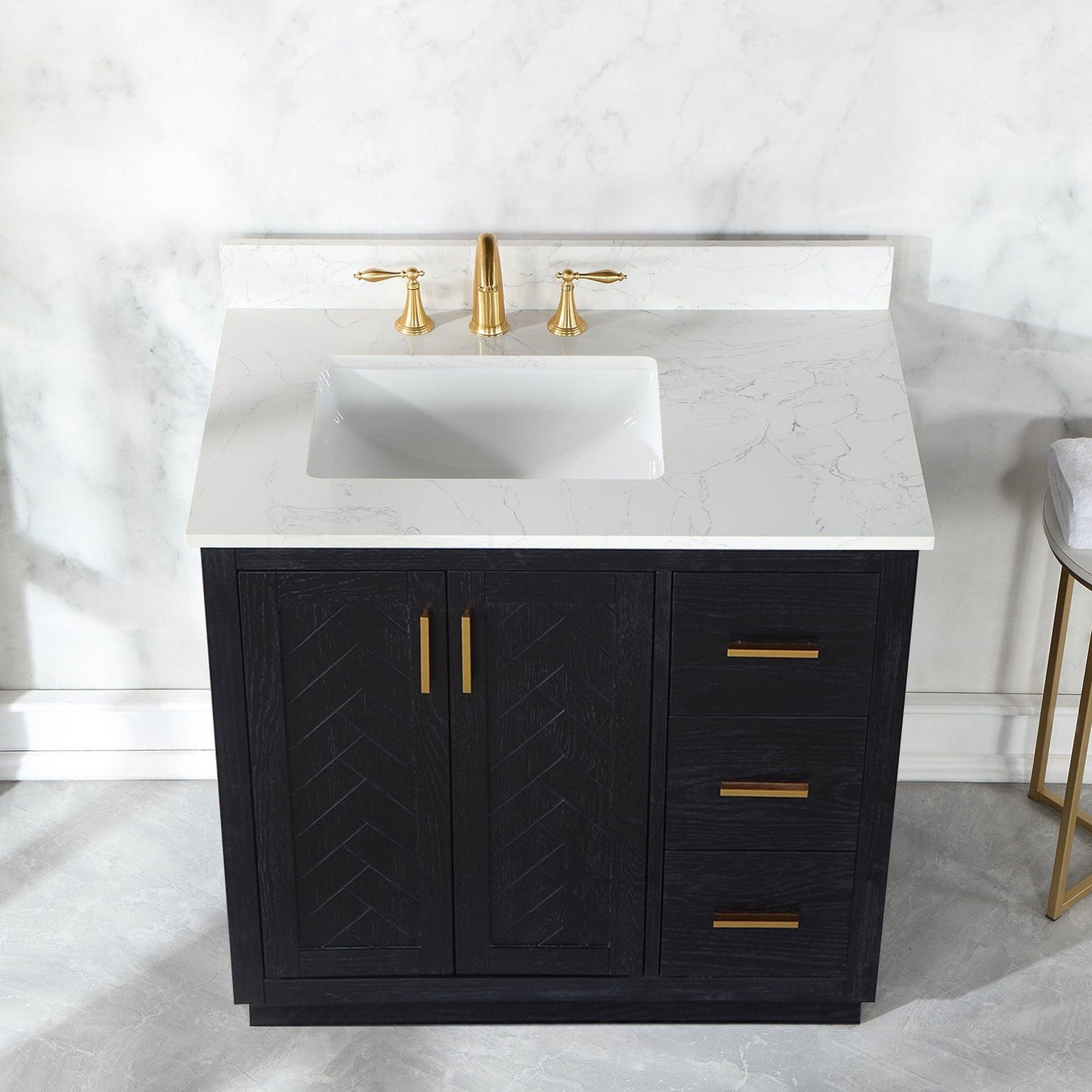 Altair Gazsi 36" Black Oak Freestanding Single Bathroom Vanity Set With Elegant Composite Grain White Stone Top, Rectangular Undermount Ceramic Sink, Overflow, and Backsplash