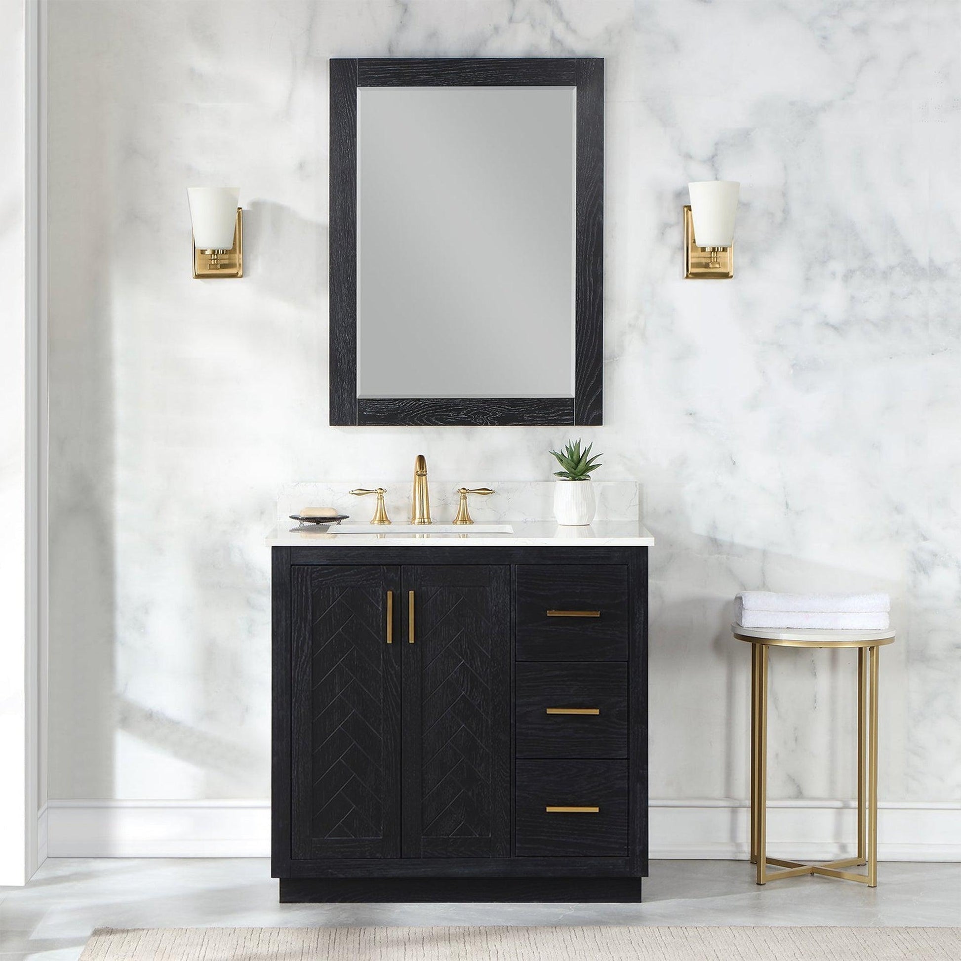 Altair Gazsi 36" Black Oak Freestanding Single Bathroom Vanity Set With Mirror, Elegant Composite Grain White Stone Top, Rectangular Undermount Ceramic Sink, Overflow, and Backsplash