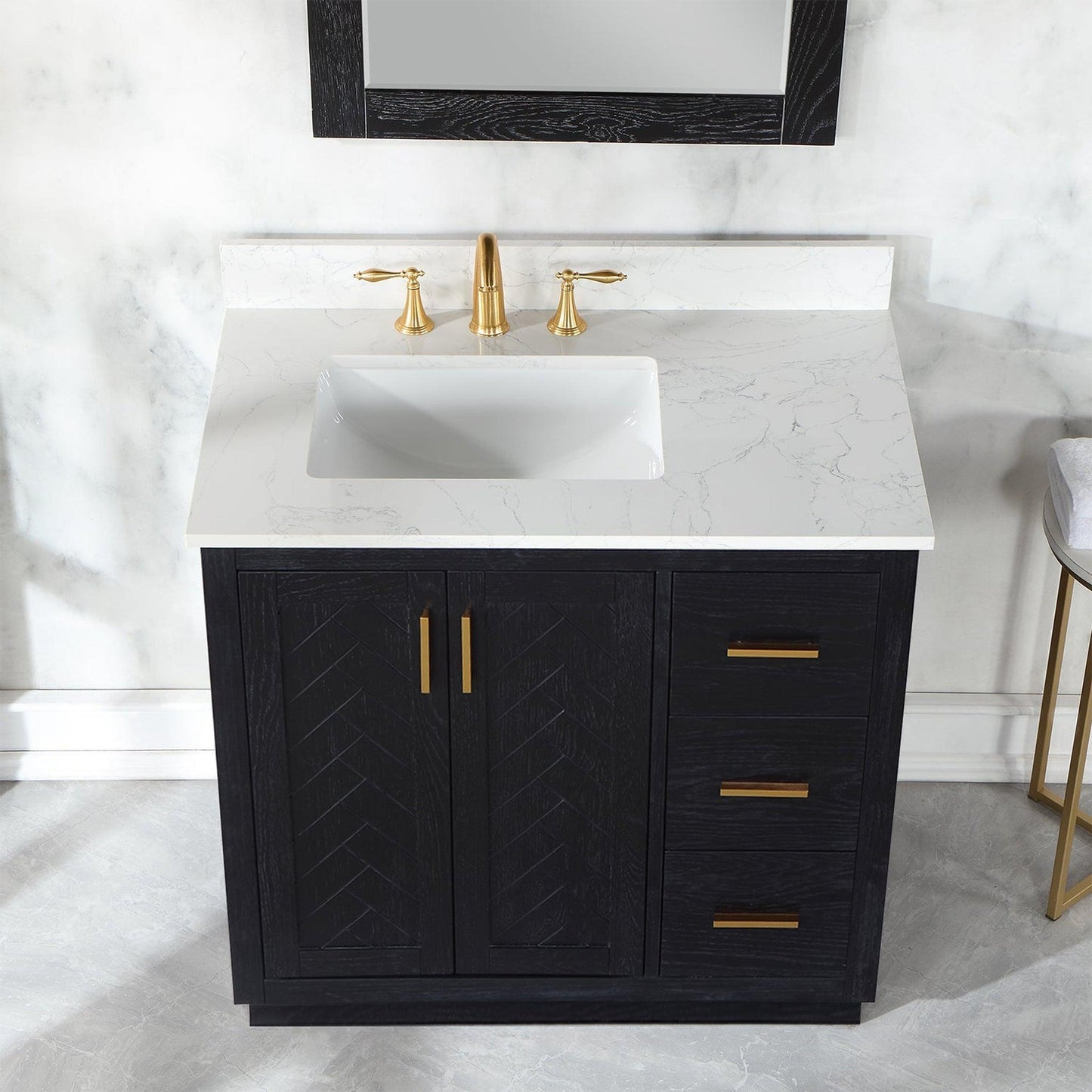 Altair Gazsi 36" Black Oak Freestanding Single Bathroom Vanity Set With Mirror, Elegant Composite Grain White Stone Top, Rectangular Undermount Ceramic Sink, Overflow, and Backsplash