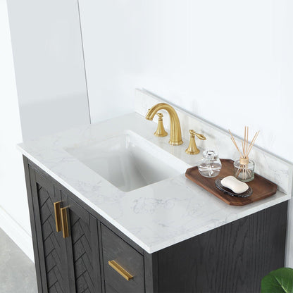 Altair Gazsi 36" Brown Oak Freestanding Single Bathroom Vanity Set With Elegant Composite Grain White Stone Top, Rectangular Undermount Ceramic Sink, Overflow, and Backsplash