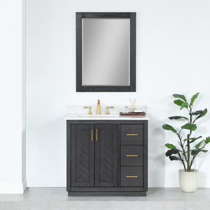 Altair Gazsi 36" Brown Oak Freestanding Single Bathroom Vanity Set With Mirror, Elegant Composite Grain White Stone Top, Rectangular Undermount Ceramic Sink, Overflow, and Backsplash
