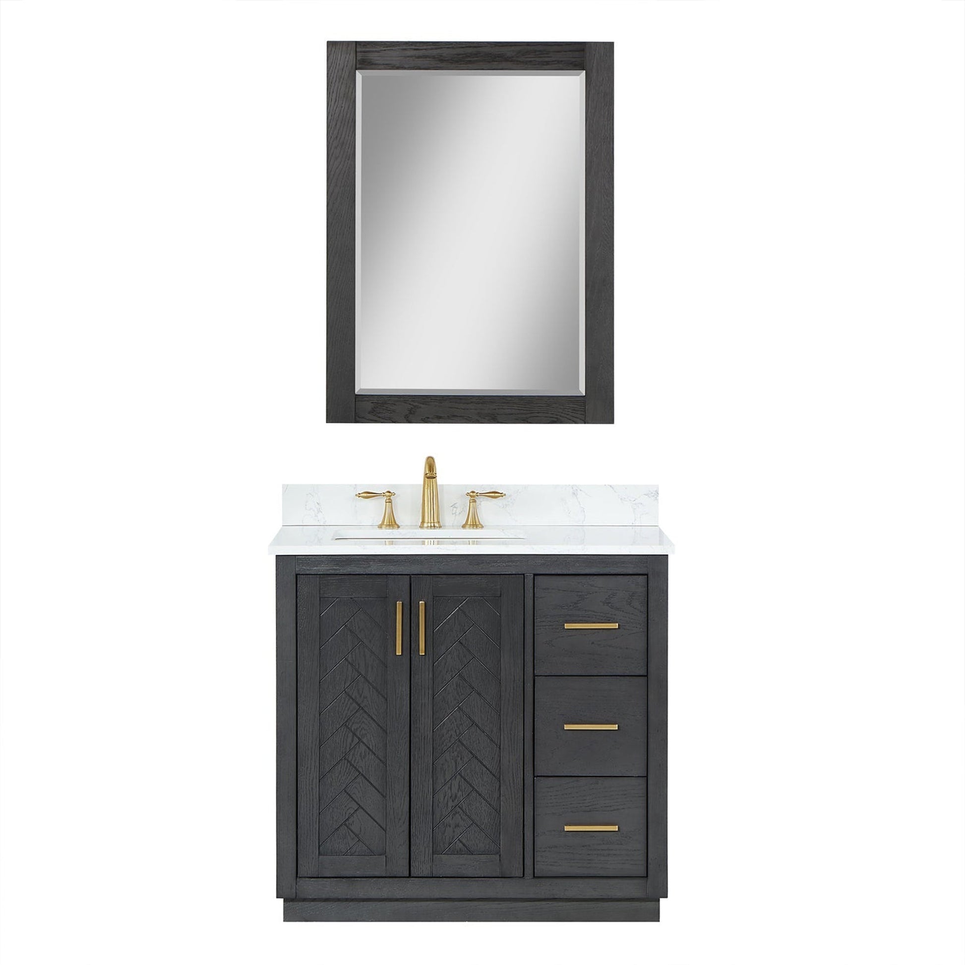 Altair Gazsi 36" Brown Oak Freestanding Single Bathroom Vanity Set With Mirror, Elegant Composite Grain White Stone Top, Rectangular Undermount Ceramic Sink, Overflow, and Backsplash