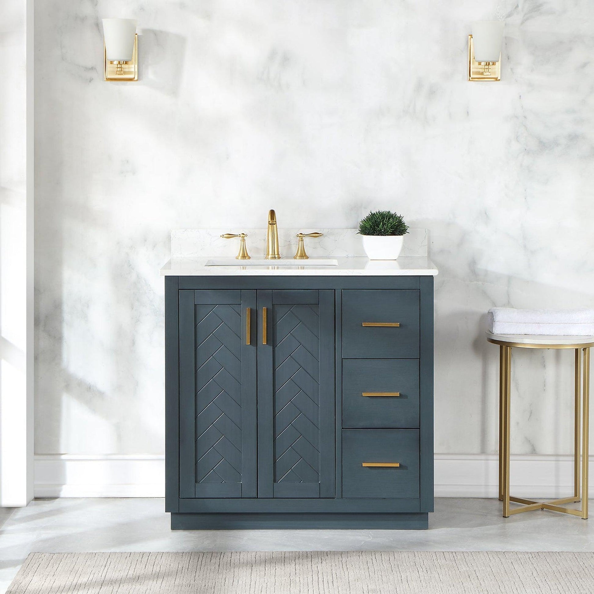 Altair Gazsi 36" Classic Blue Freestanding Single Bathroom Vanity Set With Elegant Composite Grain White Stone Top, Rectangular Undermount Ceramic Sink, Overflow, and Backsplash