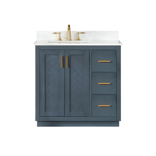 Altair Gazsi 36" Classic Blue Freestanding Single Bathroom Vanity Set With Elegant Composite Grain White Stone Top, Rectangular Undermount Ceramic Sink, Overflow, and Backsplash