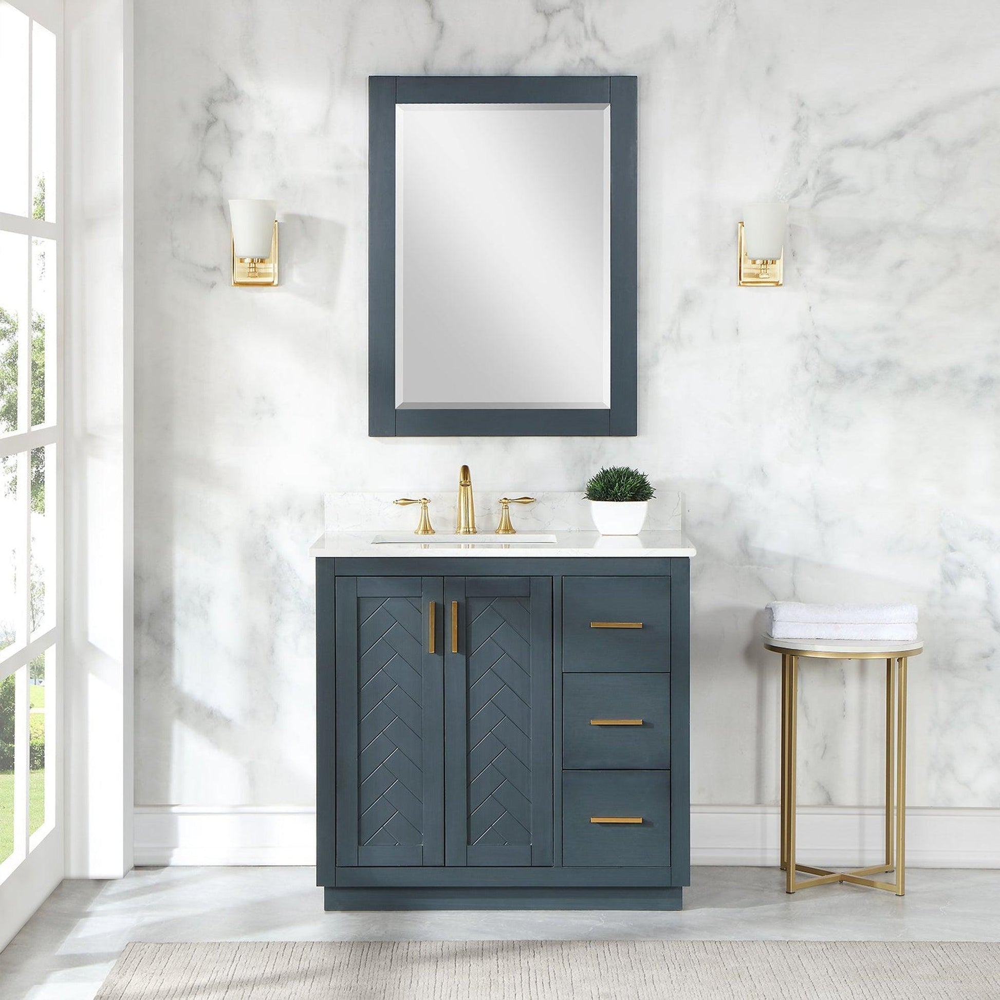 Altair Gazsi 36" Classic Blue Freestanding Single Bathroom Vanity Set With Mirror, Elegant Composite Grain White Stone Top, Rectangular Undermount Ceramic Sink, Overflow, and Backsplash