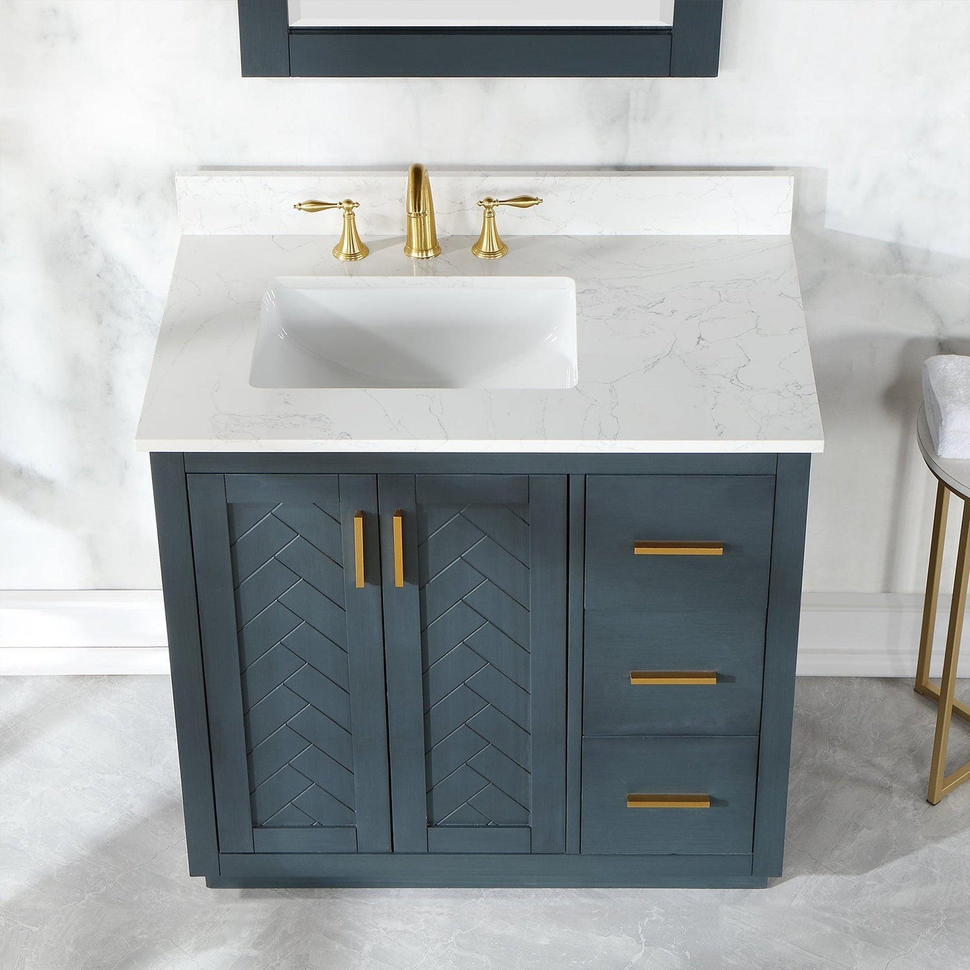 Altair Gazsi 36" Classic Blue Freestanding Single Bathroom Vanity Set With Mirror, Elegant Composite Grain White Stone Top, Rectangular Undermount Ceramic Sink, Overflow, and Backsplash