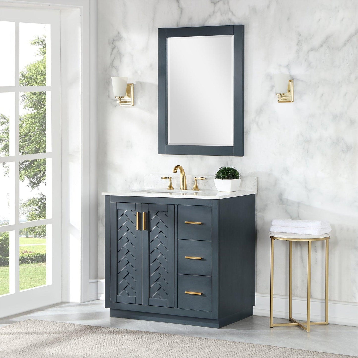 Altair Gazsi 36" Classic Blue Freestanding Single Bathroom Vanity Set With Mirror, Elegant Composite Grain White Stone Top, Rectangular Undermount Ceramic Sink, Overflow, and Backsplash