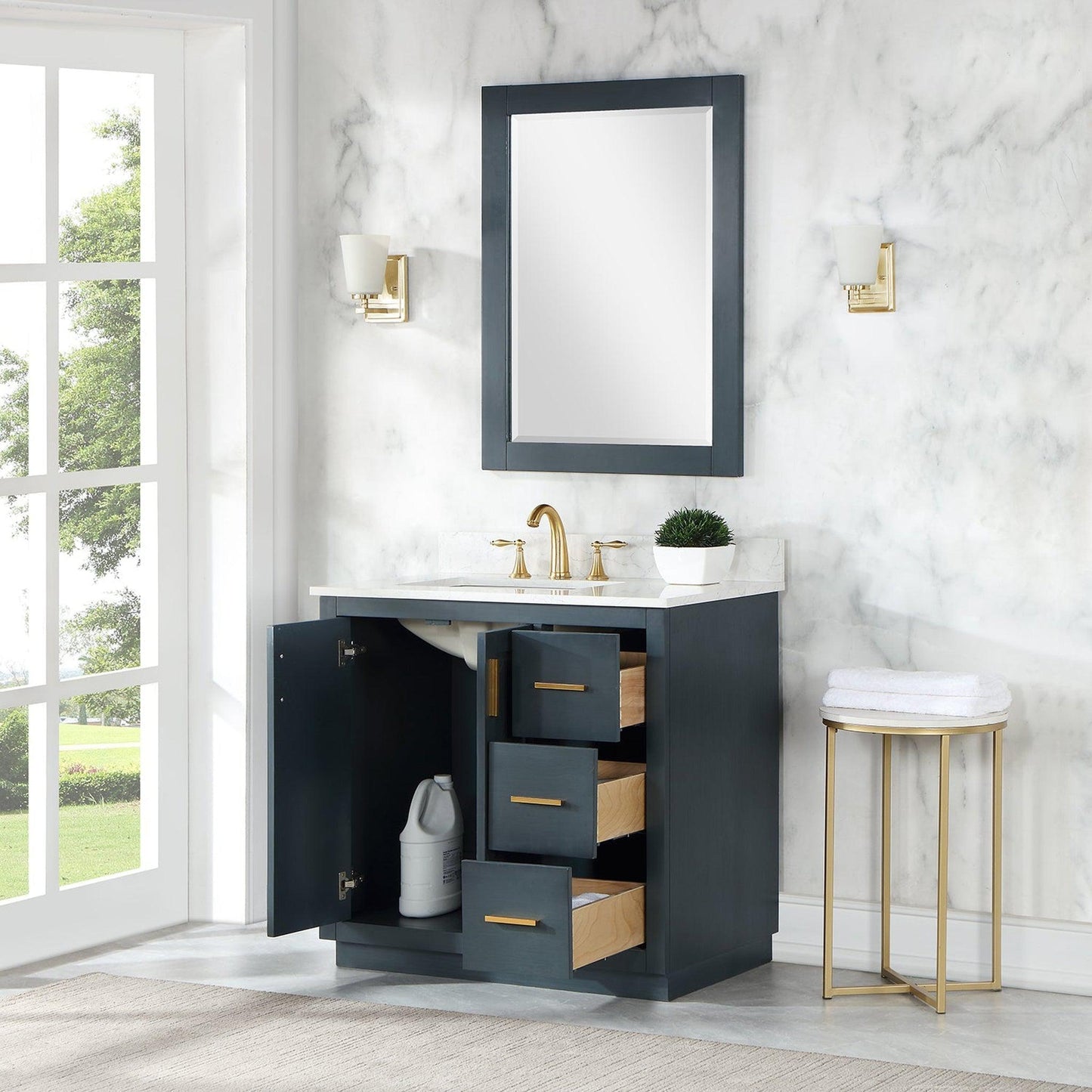 Altair Gazsi 36" Classic Blue Freestanding Single Bathroom Vanity Set With Mirror, Elegant Composite Grain White Stone Top, Rectangular Undermount Ceramic Sink, Overflow, and Backsplash