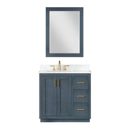 Altair Gazsi 36" Classic Blue Freestanding Single Bathroom Vanity Set With Mirror, Elegant Composite Grain White Stone Top, Rectangular Undermount Ceramic Sink, Overflow, and Backsplash