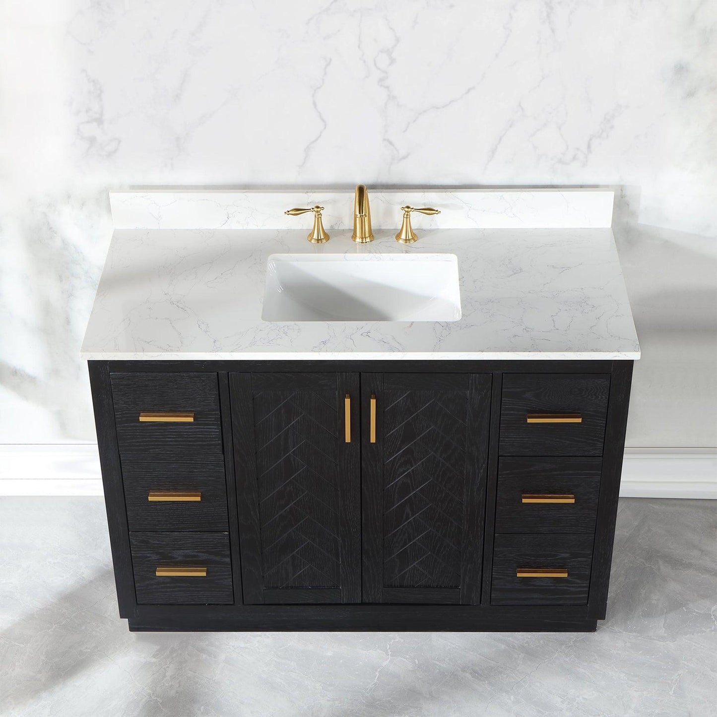 Altair Gazsi 48" Black Oak Freestanding Single Bathroom Vanity Set With Elegant Composite Grain White Stone Top, Rectangular Undermount Ceramic Sink, Overflow, and Backsplash