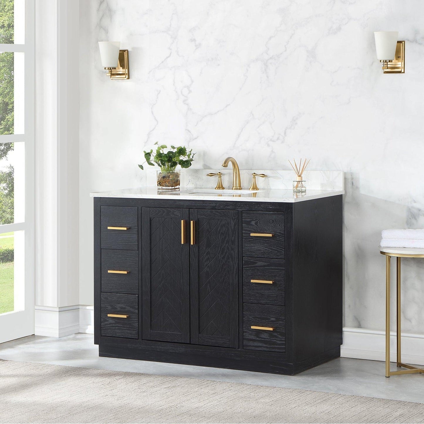 Altair Gazsi 48" Black Oak Freestanding Single Bathroom Vanity Set With Elegant Composite Grain White Stone Top, Rectangular Undermount Ceramic Sink, Overflow, and Backsplash