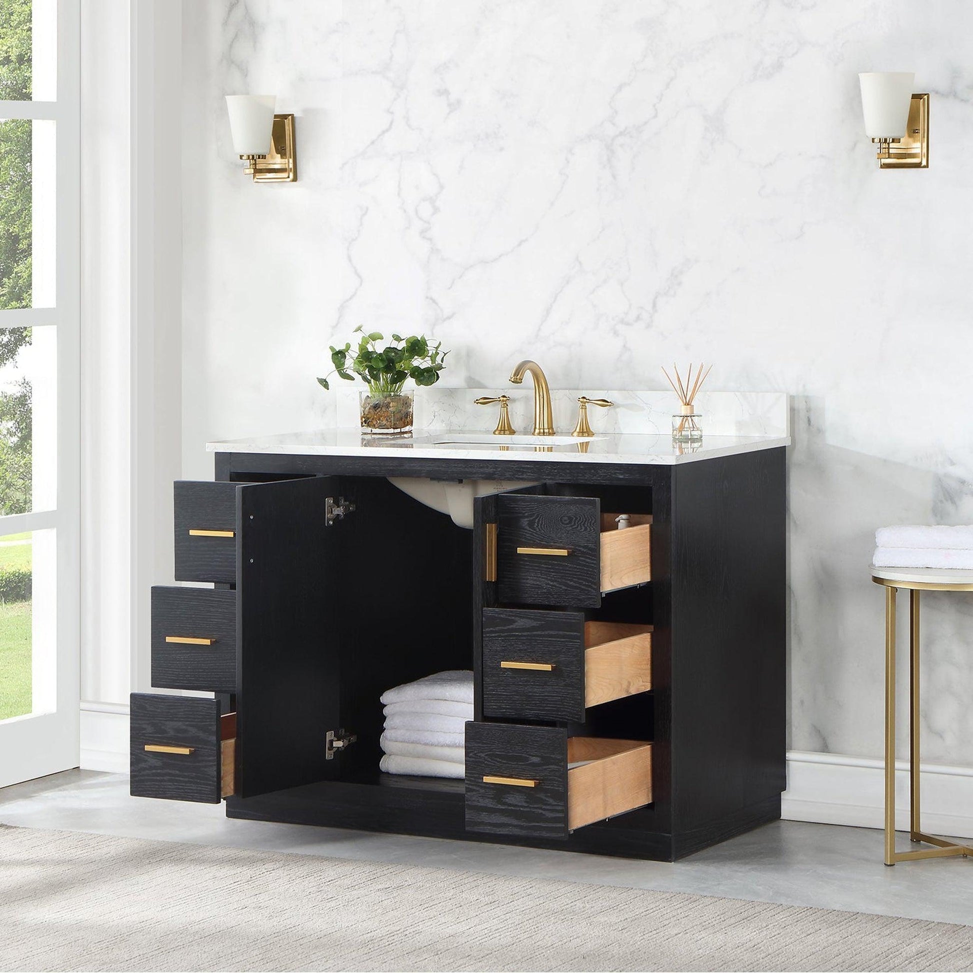 Altair Gazsi 48" Black Oak Freestanding Single Bathroom Vanity Set With Elegant Composite Grain White Stone Top, Rectangular Undermount Ceramic Sink, Overflow, and Backsplash