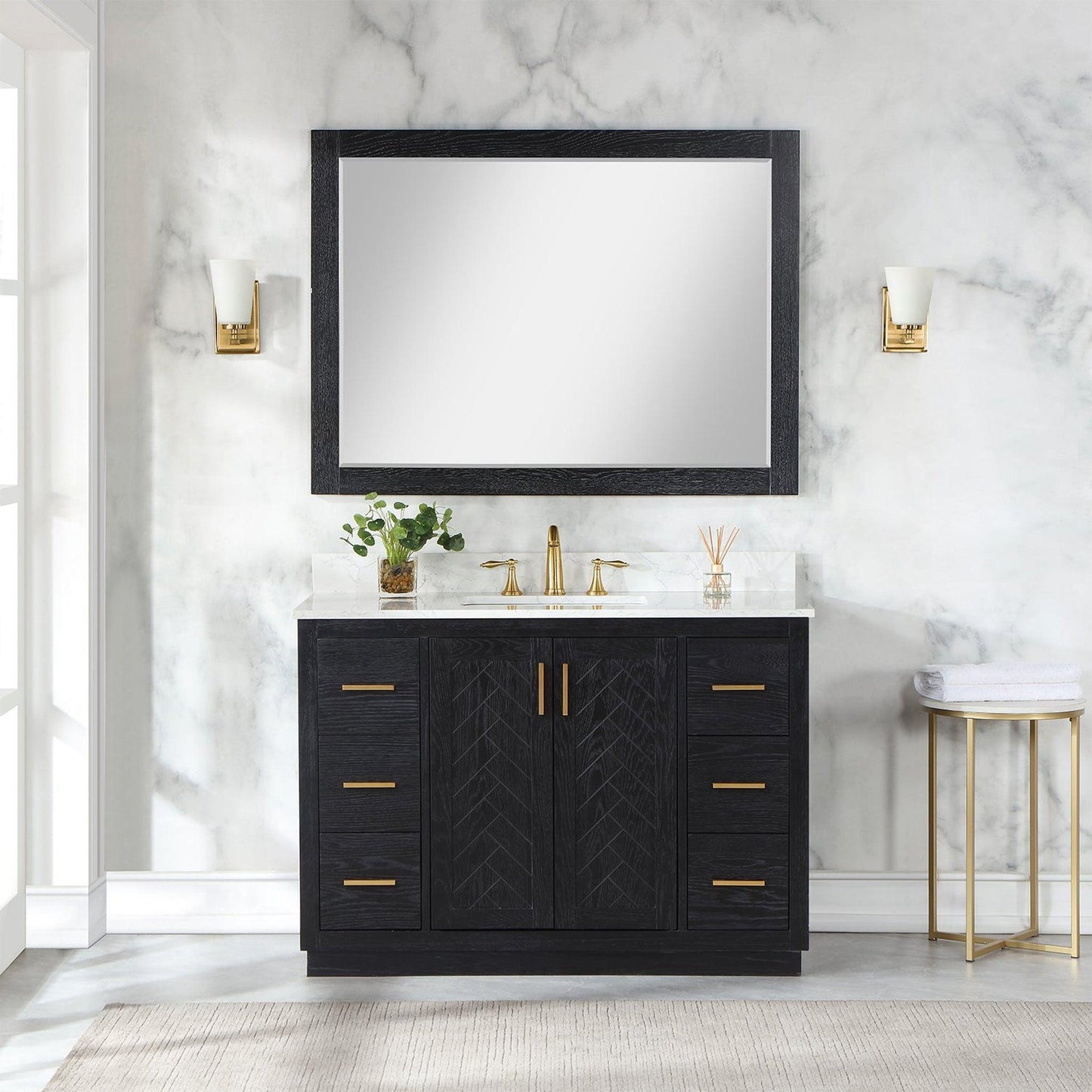 Altair Gazsi 48" Black Oak Freestanding Single Bathroom Vanity Set With Mirror, Elegant Composite Grain White Stone Top, Rectangular Undermount Ceramic Sink, Overflow, and Backsplash