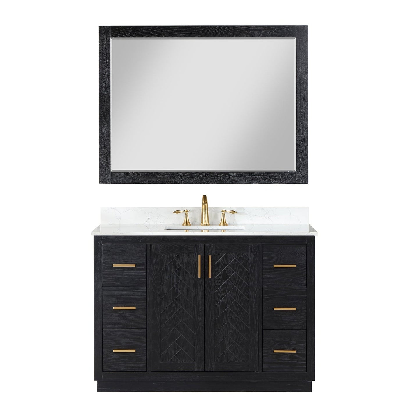 Altair Gazsi 48" Black Oak Freestanding Single Bathroom Vanity Set With Mirror, Elegant Composite Grain White Stone Top, Rectangular Undermount Ceramic Sink, Overflow, and Backsplash
