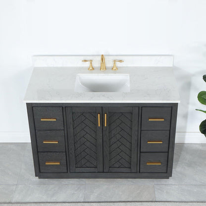 Altair Gazsi 48" Brown Oak Freestanding Single Bathroom Vanity Set With Elegant Composite Grain White Stone Top, Rectangular Undermount Ceramic Sink, Overflow, and Backsplash