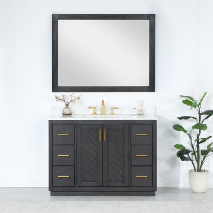 Altair Gazsi 48" Brown Oak Freestanding Single Bathroom Vanity Set With Mirror, Elegant Composite Grain White Stone Top, Rectangular Undermount Ceramic Sink, Overflow, and Backsplash