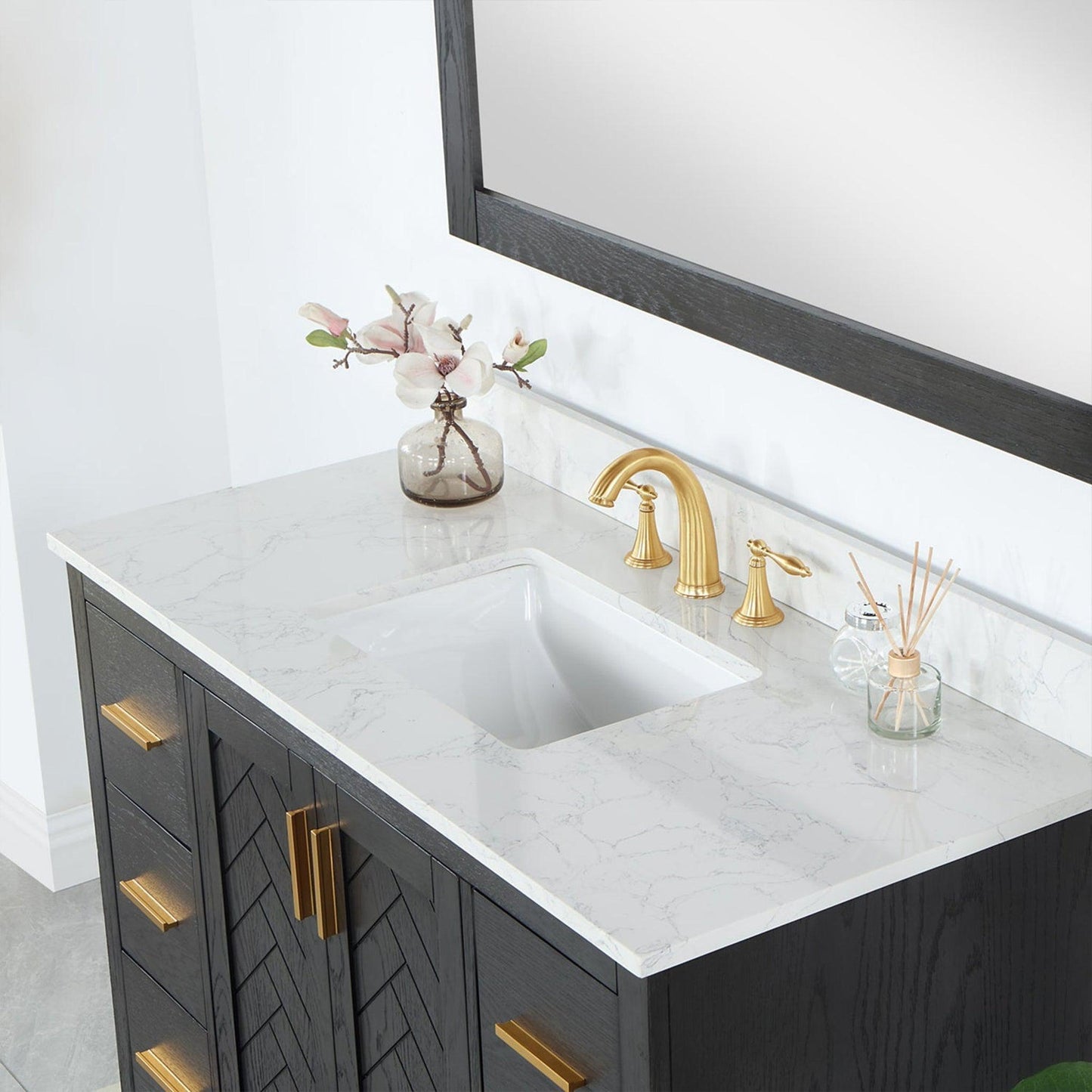 Altair Gazsi 48" Brown Oak Freestanding Single Bathroom Vanity Set With Mirror, Elegant Composite Grain White Stone Top, Rectangular Undermount Ceramic Sink, Overflow, and Backsplash