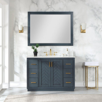 Altair Gazsi 48" Classic Blue Freestanding Single Bathroom Vanity Set With Mirror, Elegant Composite Grain White Stone Top, Rectangular Undermount Ceramic Sink, Overflow, and Backsplash