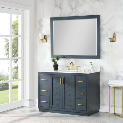 Altair Gazsi 48" Classic Blue Freestanding Single Bathroom Vanity Set With Mirror, Elegant Composite Grain White Stone Top, Rectangular Undermount Ceramic Sink, Overflow, and Backsplash