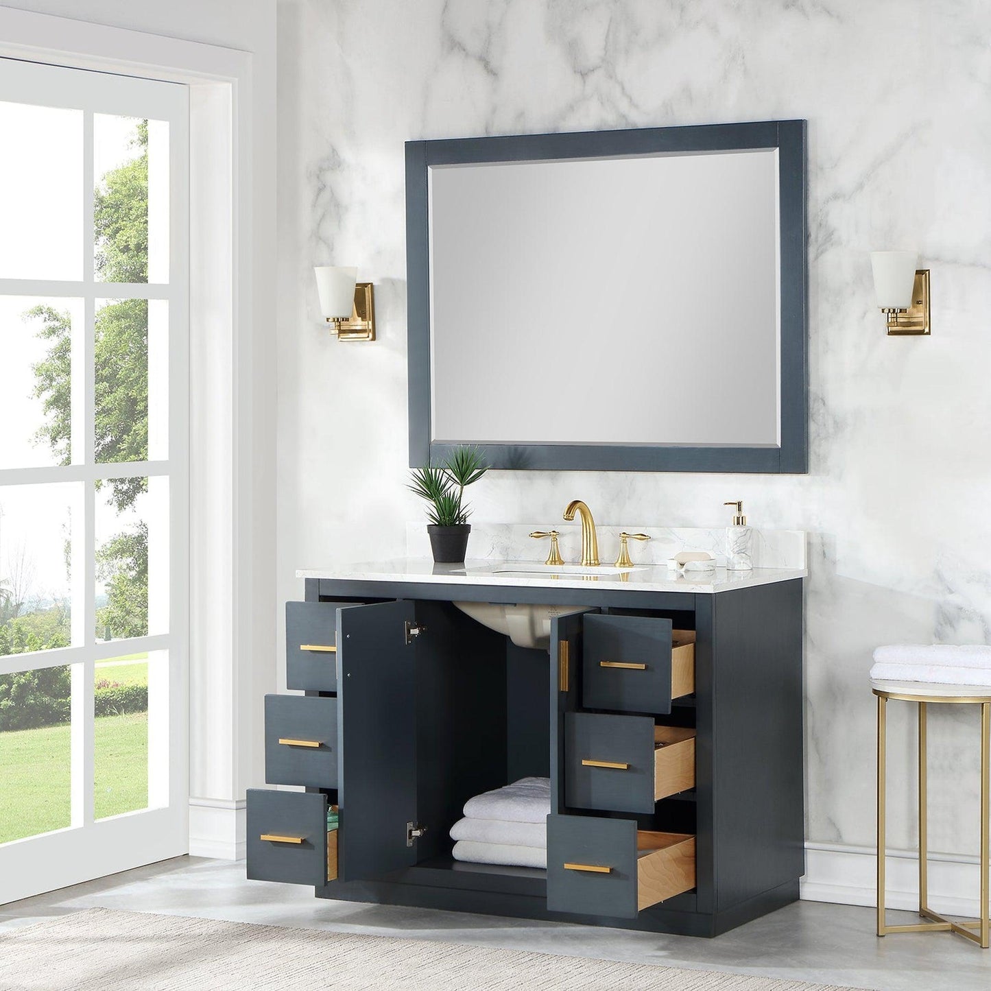 Altair Gazsi 48" Classic Blue Freestanding Single Bathroom Vanity Set With Mirror, Elegant Composite Grain White Stone Top, Rectangular Undermount Ceramic Sink, Overflow, and Backsplash