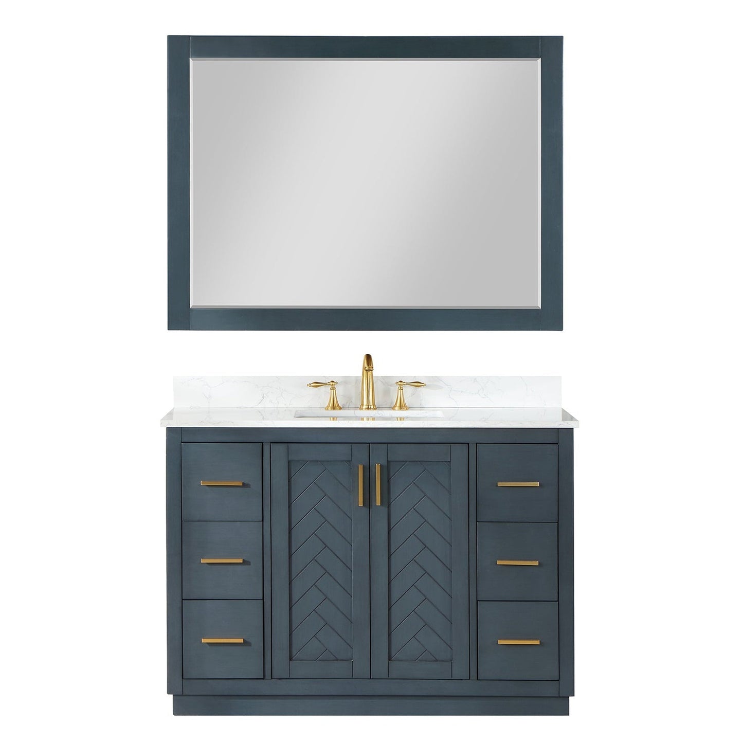 Altair Gazsi 48" Classic Blue Freestanding Single Bathroom Vanity Set With Mirror, Elegant Composite Grain White Stone Top, Rectangular Undermount Ceramic Sink, Overflow, and Backsplash