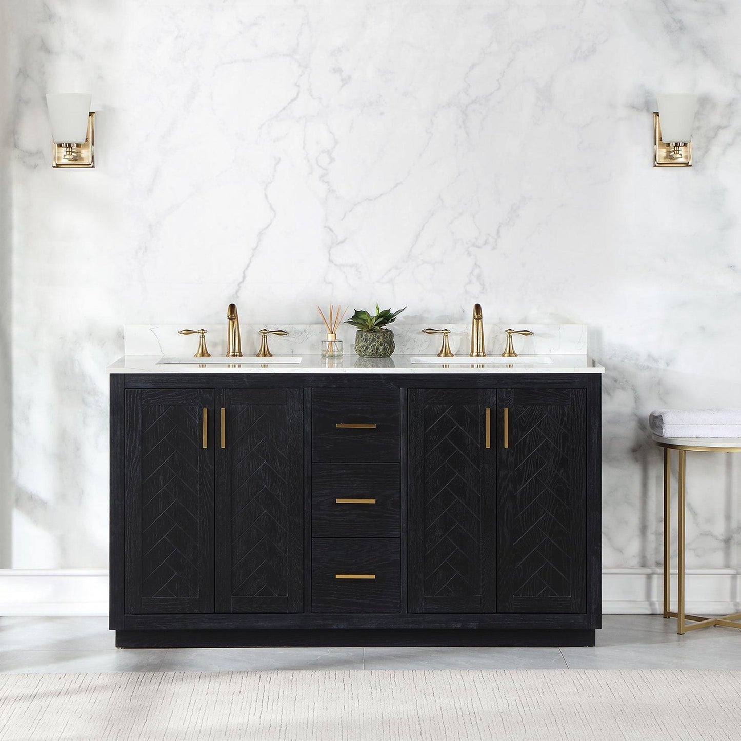 Altair Gazsi 60" Black Oak Freestanding Double Bathroom Vanity Set With Elegant Composite Grain White Stone Top, Two Rectangular Undermount Ceramic Sinks, Overflow, and Backsplash