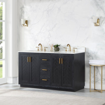 Altair Gazsi 60" Black Oak Freestanding Double Bathroom Vanity Set With Elegant Composite Grain White Stone Top, Two Rectangular Undermount Ceramic Sinks, Overflow, and Backsplash