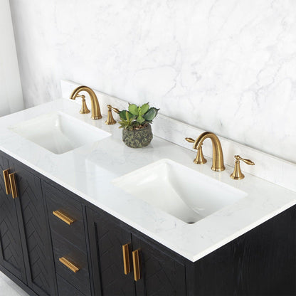 Altair Gazsi 60" Black Oak Freestanding Double Bathroom Vanity Set With Elegant Composite Grain White Stone Top, Two Rectangular Undermount Ceramic Sinks, Overflow, and Backsplash