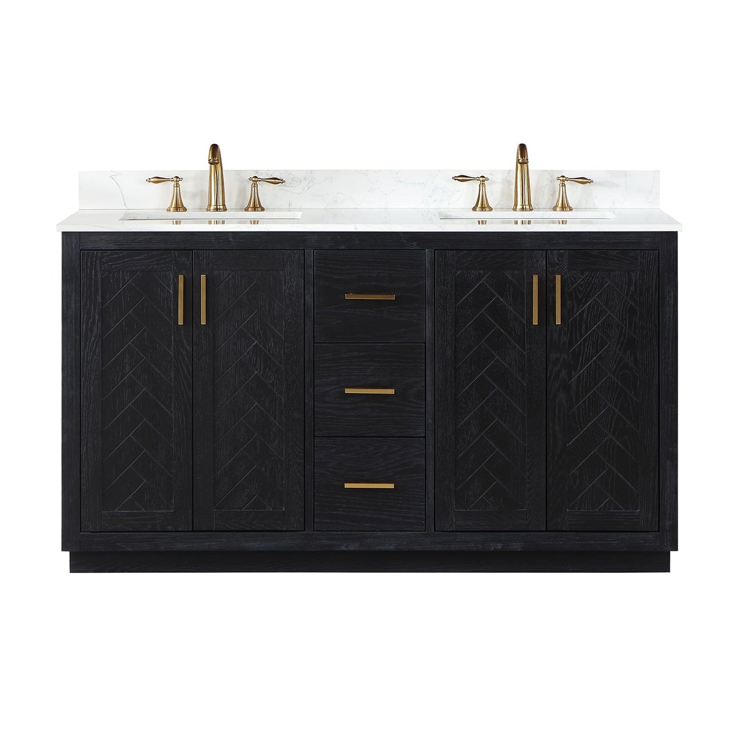 Altair Gazsi 60" Black Oak Freestanding Double Bathroom Vanity Set With Elegant Composite Grain White Stone Top, Two Rectangular Undermount Ceramic Sinks, Overflow, and Backsplash