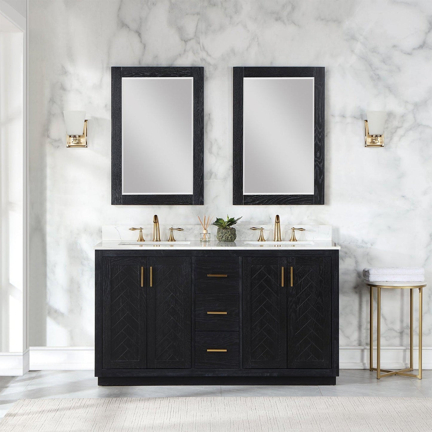 Altair Gazsi 60" Black Oak Freestanding Double Bathroom Vanity Set With Mirror, Elegant Composite Grain White Stone Top, Two Rectangular Undermount Ceramic Sinks, Overflow, and Backsplash
