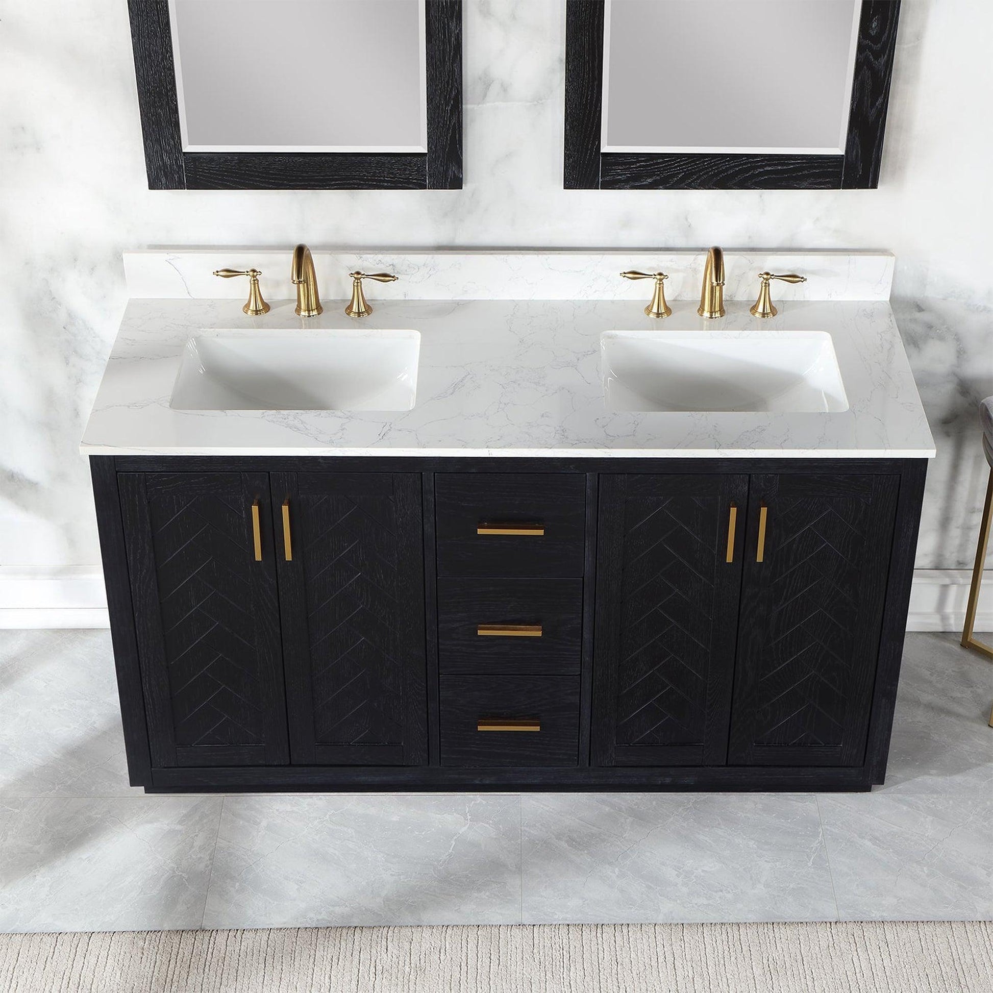 Altair Gazsi 60" Black Oak Freestanding Double Bathroom Vanity Set With Mirror, Elegant Composite Grain White Stone Top, Two Rectangular Undermount Ceramic Sinks, Overflow, and Backsplash