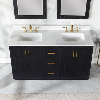 Altair Gazsi 60" Black Oak Freestanding Double Bathroom Vanity Set With Mirror, Elegant Composite Grain White Stone Top, Two Rectangular Undermount Ceramic Sinks, Overflow, and Backsplash
