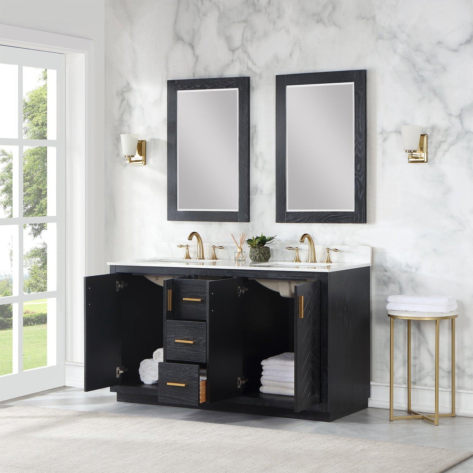 Altair Gazsi 60" Black Oak Freestanding Double Bathroom Vanity Set With Mirror, Elegant Composite Grain White Stone Top, Two Rectangular Undermount Ceramic Sinks, Overflow, and Backsplash